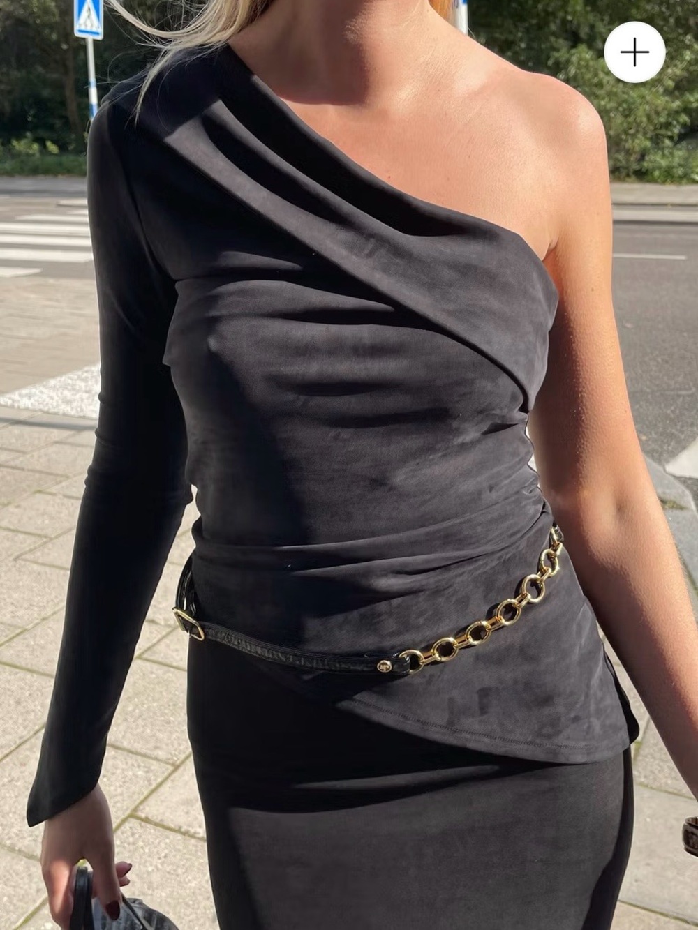 Djerf Avenue One-Shoulder Black Dress with Gold Chain Belt